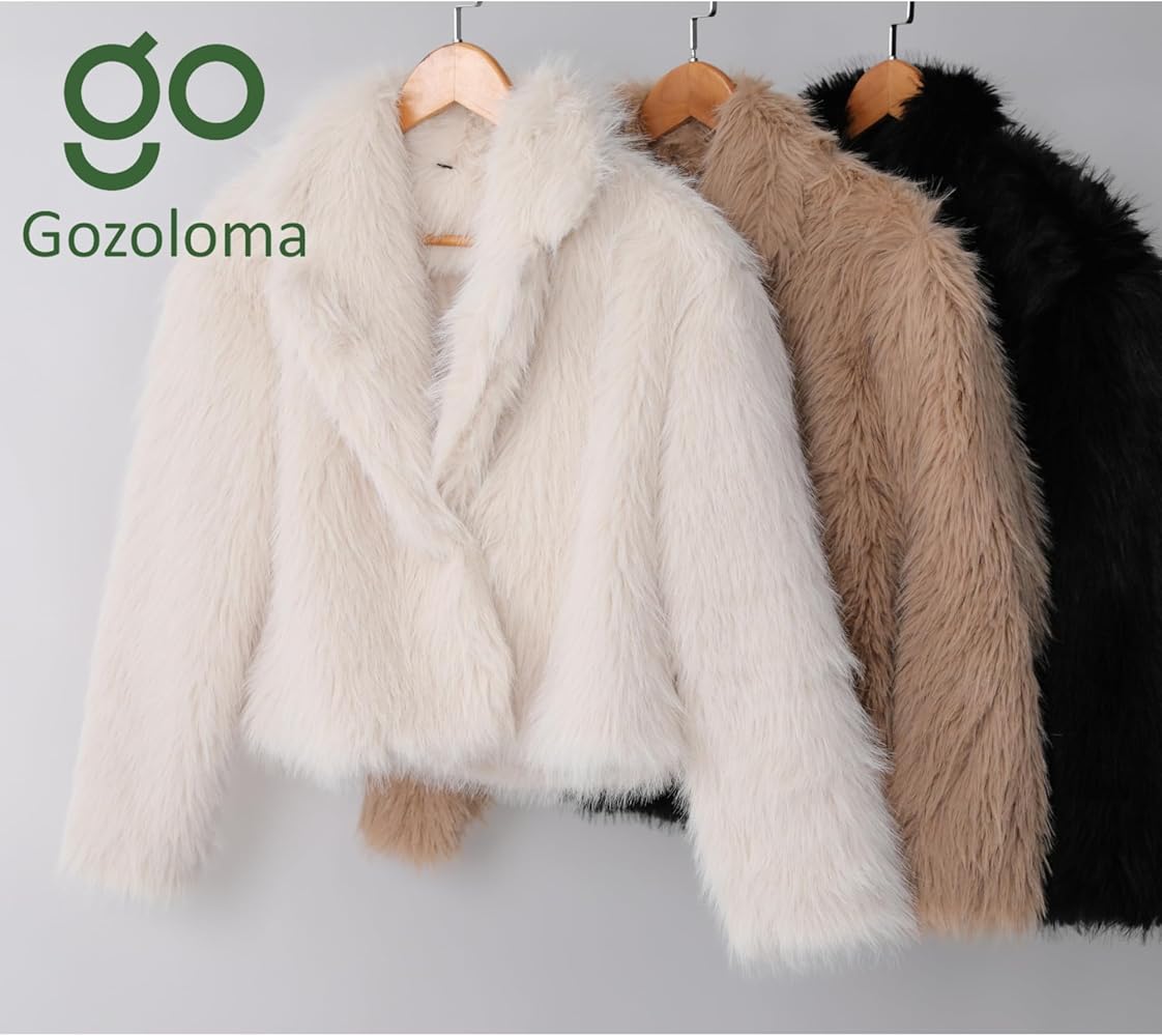 Gozoloma Women's Faux Fur Jacket Long Sleeve V Neck Collared